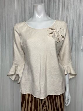 “Chalet” Women's Cream Scoop Neck Linen Top with Ruffle Sleeve and Bow Detail M
